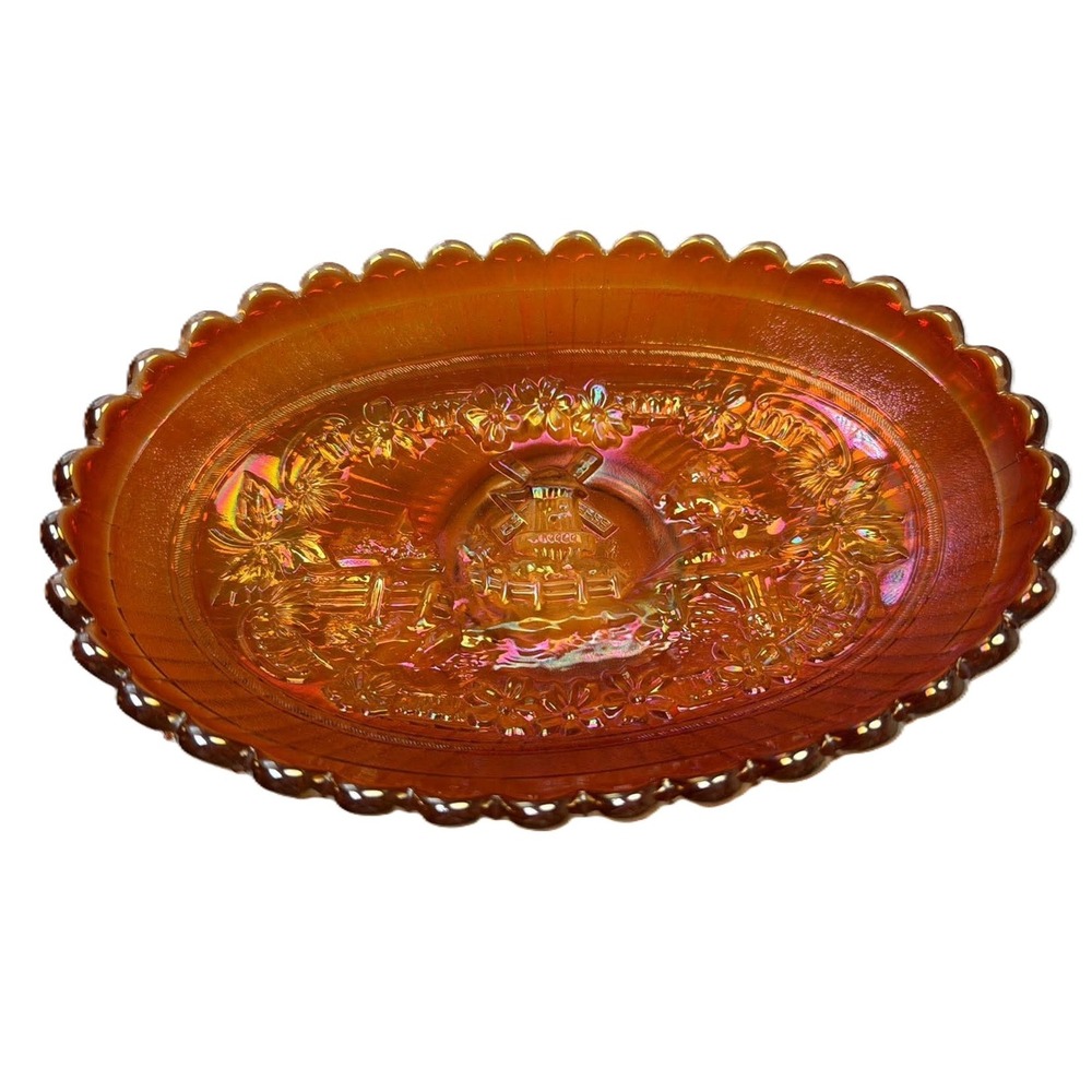 Imperial Glass Windmill Celery Tray Marigold Carnival Glass Iridescent Vintage